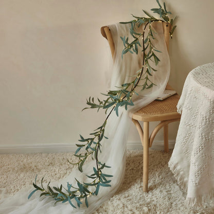 Artificial Olive Leaf Garland with 96 LED Fairy Lights for Mantle and Table Decor