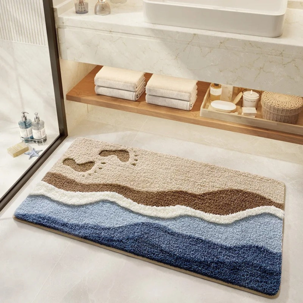 Bath Mat with Anti-Slip Bottom and Coastal Wave Design