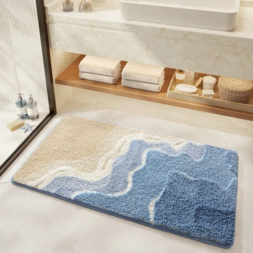 Bath Mat with Anti-Slip Bottom and Coastal Wave Design