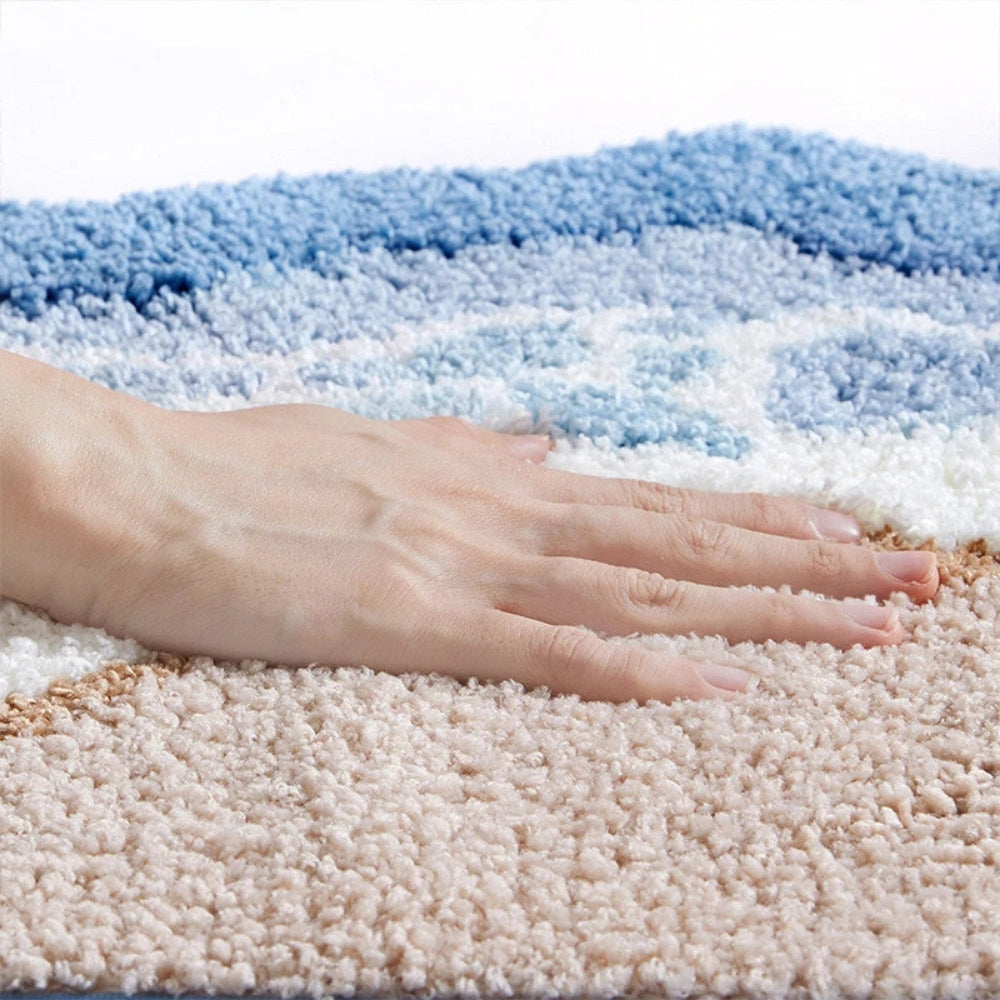 Bath Mat with Anti-Slip Bottom and Coastal Wave Design