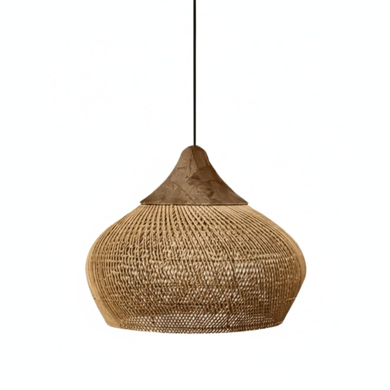 Bohemian Rattan Pendant Lamp with Woven Shade and Wood Top