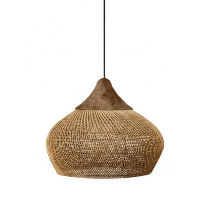Bohemian Rattan Pendant Lamp with Woven Shade and Wood Top