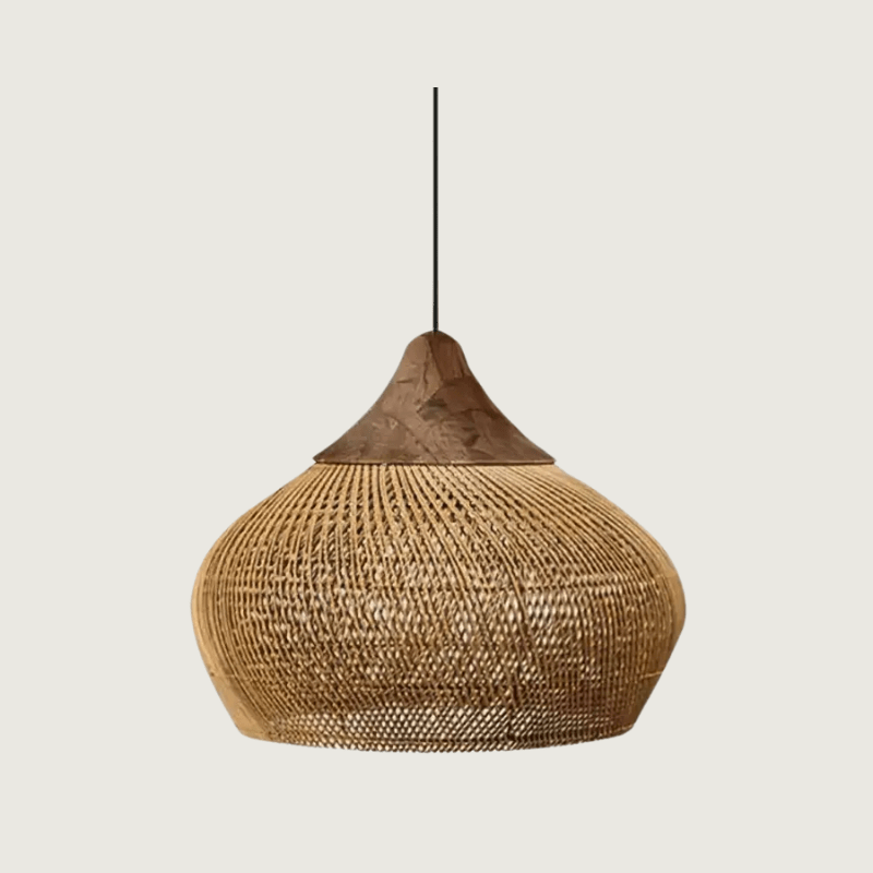 Bohemian Rattan Pendant Lamp with Woven Shade and Wood Top