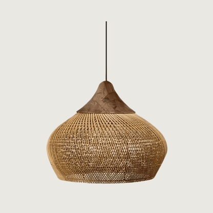 Bohemian Rattan Pendant Lamp with Woven Shade and Wood Top