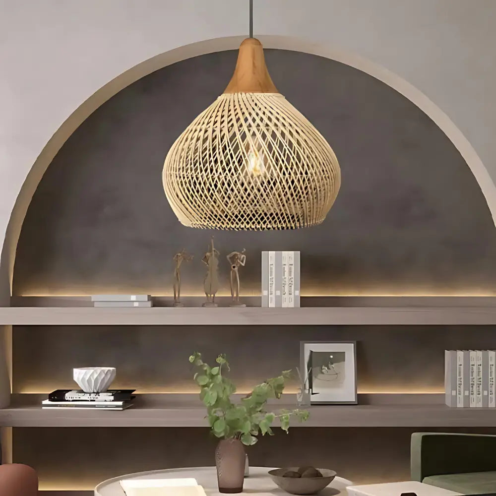 Bohemian Rattan Pendant Lamp with Woven Shade and Wood Top