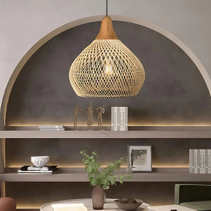 Bohemian Rattan Pendant Lamp with Woven Shade and Wood Top