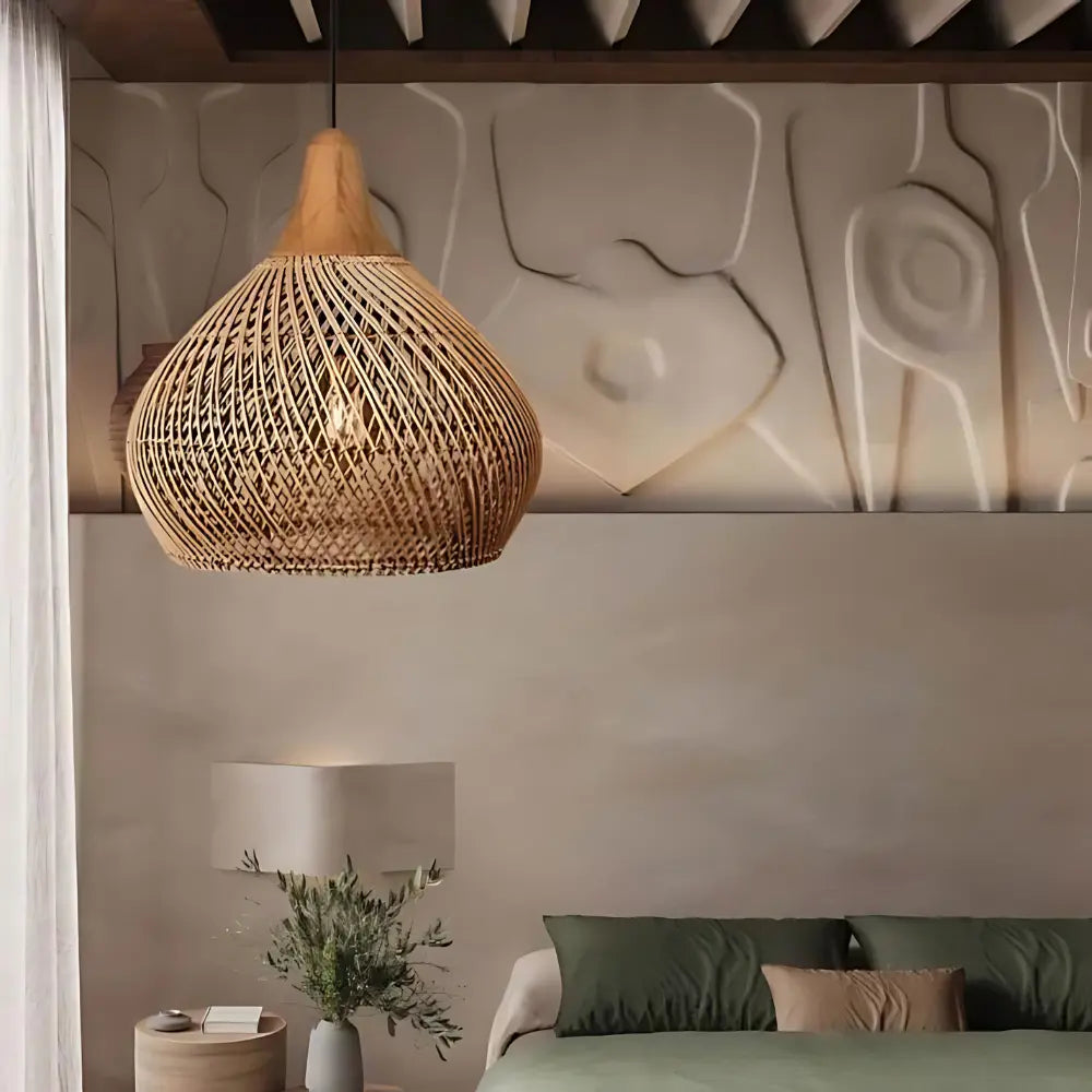 Bohemian Rattan Pendant Lamp with Woven Shade and Wood Top