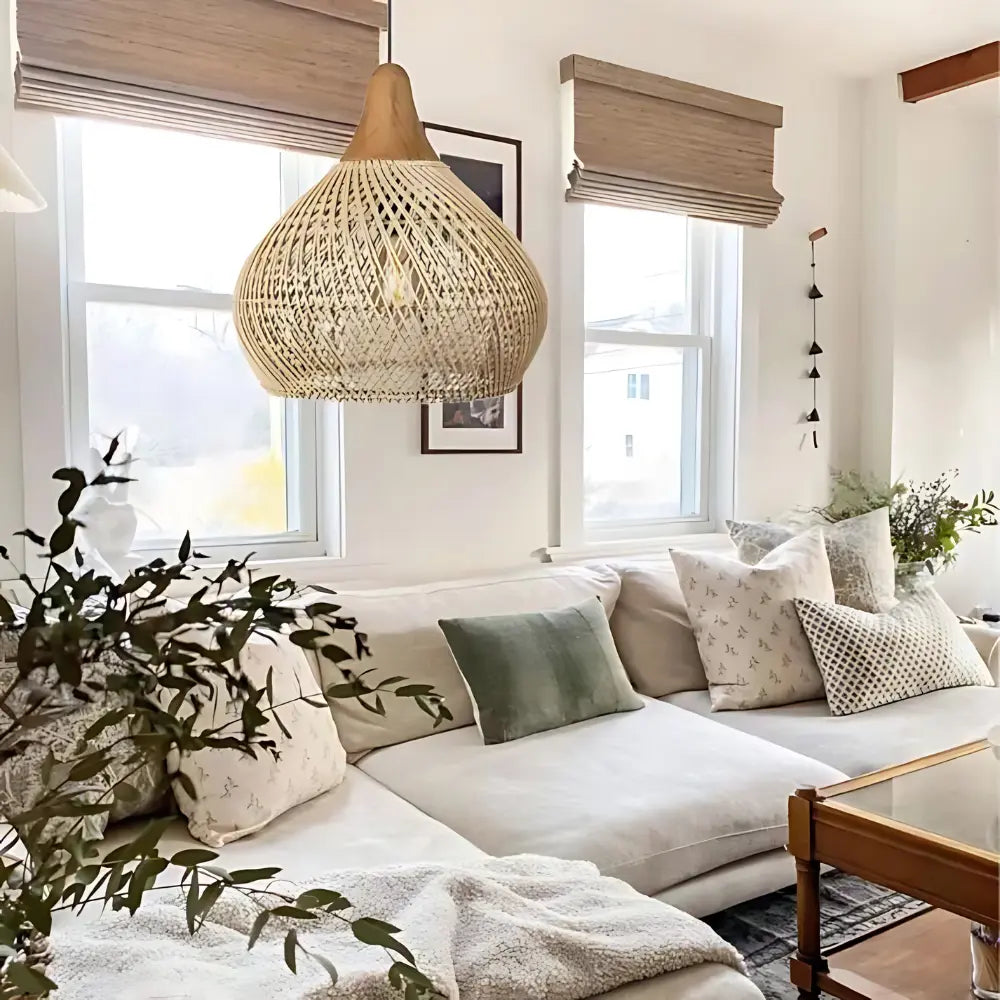 Bohemian Rattan Pendant Lamp with Woven Shade and Wood Top