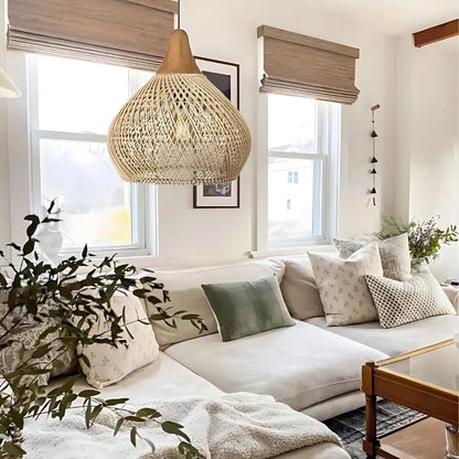 Bohemian Rattan Pendant Lamp with Woven Shade and Wood Top
