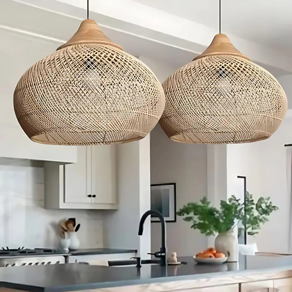 Bohemian Rattan Pendant Lamp with Woven Shade and Wood Top
