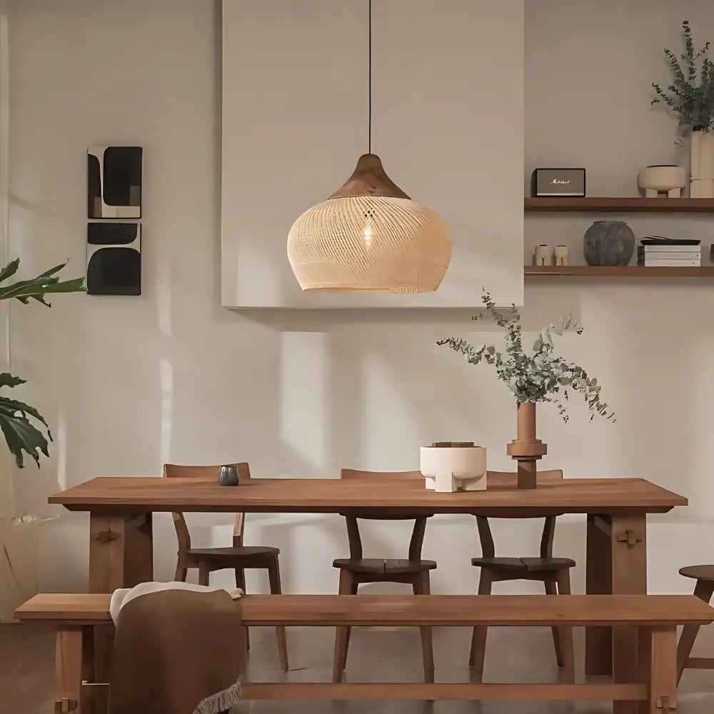 Bohemian Rattan Pendant Lamp with Woven Shade and Wood Top