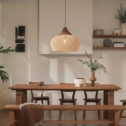 Bohemian Rattan Pendant Lamp with Woven Shade and Wood Top