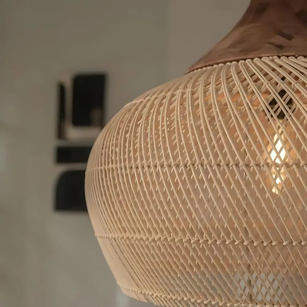 Bohemian Rattan Pendant Lamp with Woven Shade and Wood Top