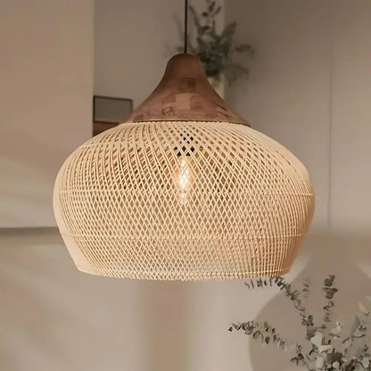 Bohemian Rattan Pendant Lamp with Woven Shade and Wood Top