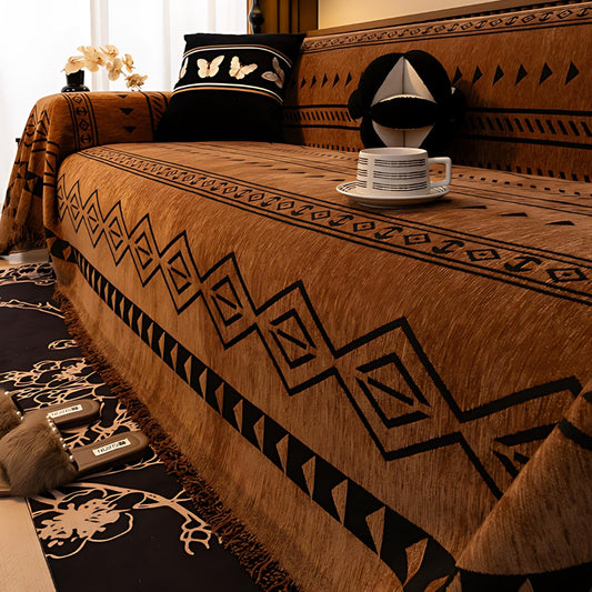 Bohemian Sofa Cover Throw Blanket with Tribal Geometric Pattern and Tassel Edge