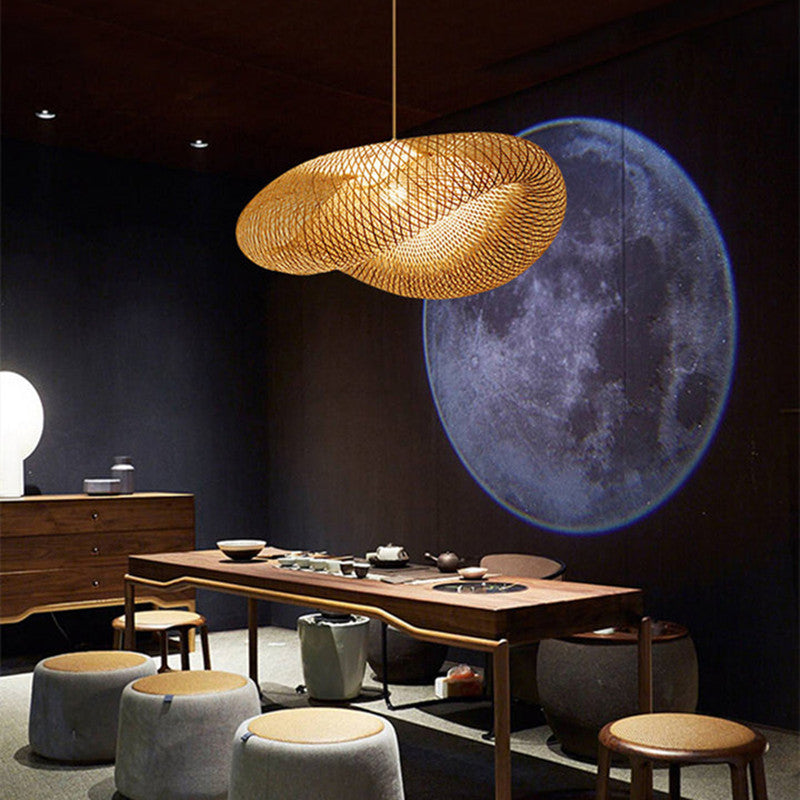 Bohemian Woven Bamboo Pendant Lamp with Cloud-Shaped Shade