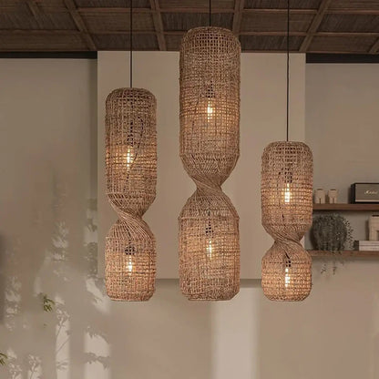 Bohemian Woven Rattan Pendant Lamp with Twisted Hourglass Shape