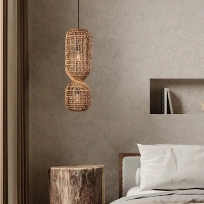 Bohemian Woven Rattan Pendant Lamp with Twisted Hourglass Shape