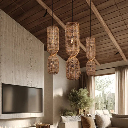 Bohemian Woven Rattan Pendant Lamp with Twisted Hourglass Shape