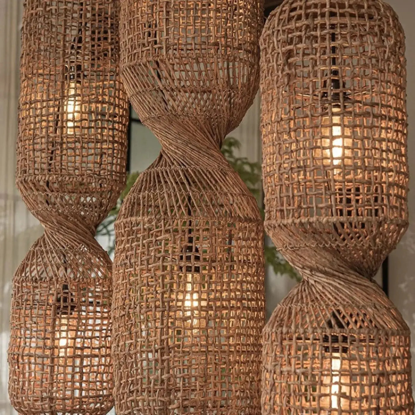 Bohemian Woven Rattan Pendant Lamp with Twisted Hourglass Shape