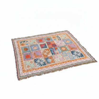 Boho Picnic Blanket with Fringe Trim and Sun Pattern