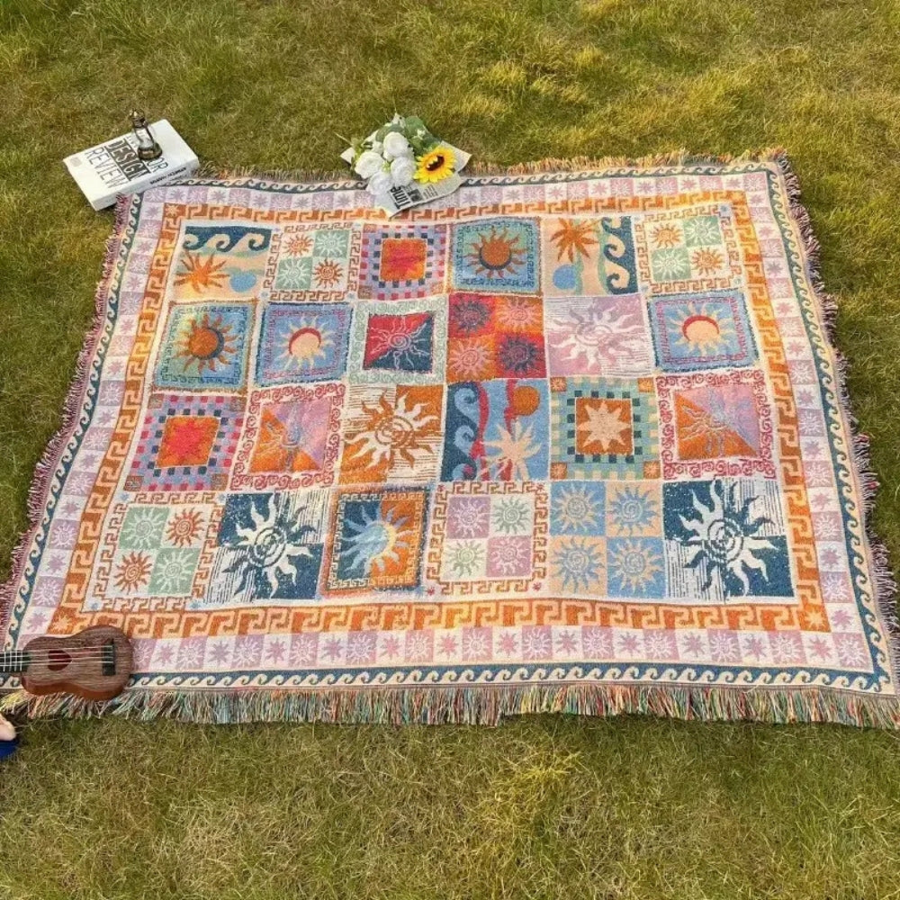 Boho Picnic Blanket with Fringe Trim and Sun Pattern