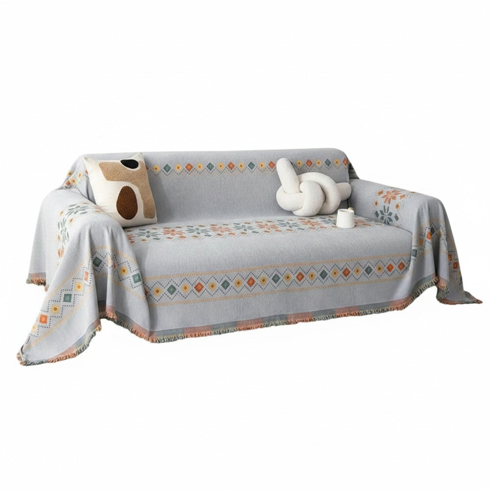 Boho Sofa Cover Throw with Tassel Trim and Non-Slip Backing