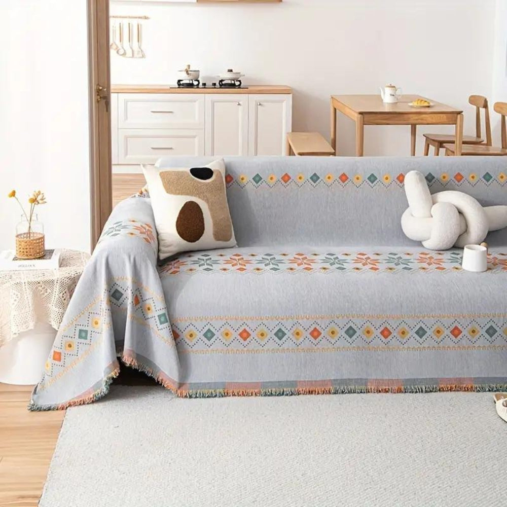 Boho Sofa Cover Throw with Tassel Trim and Non-Slip Backing