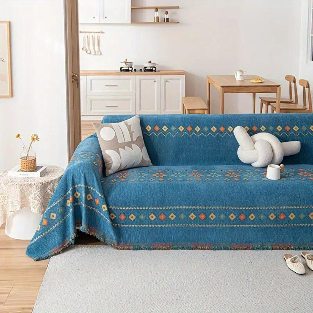 Boho Sofa Cover Throw with Tassel Trim and Non-Slip Backing