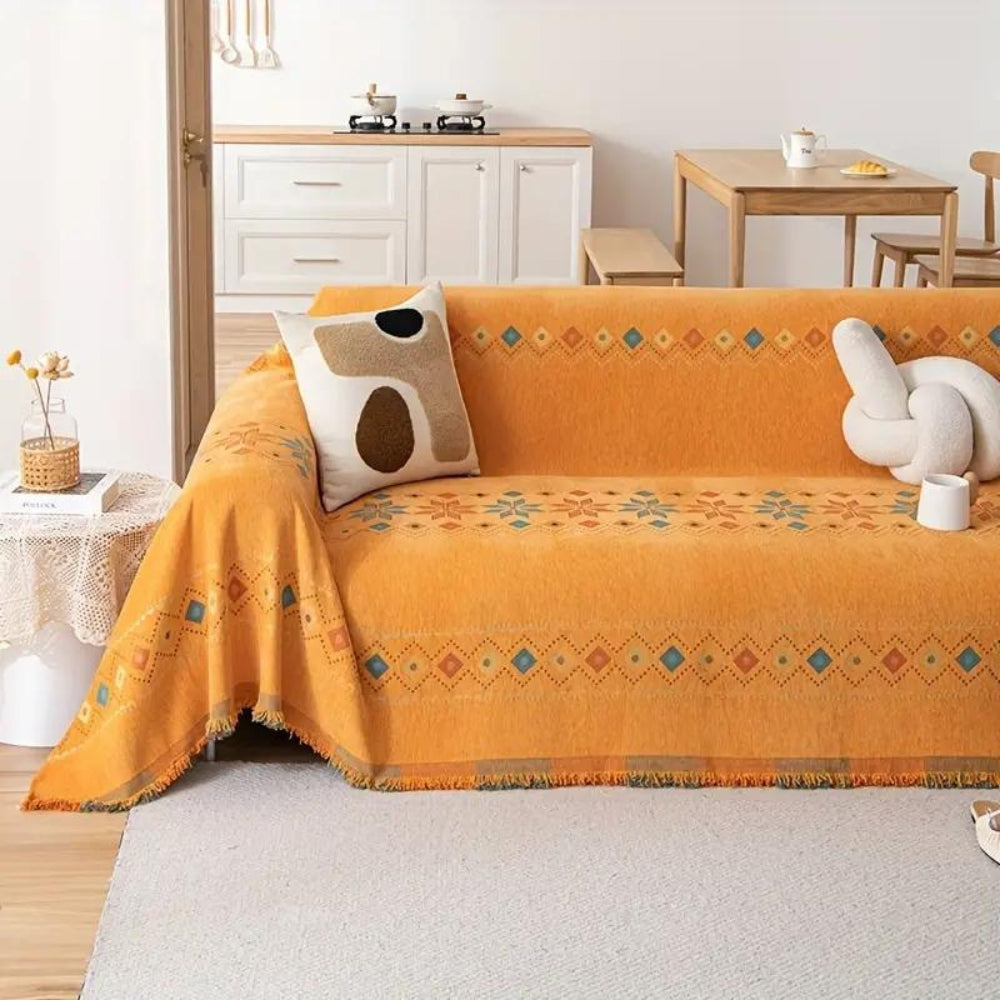 Boho Sofa Cover Throw with Tassel Trim and Non-Slip Backing