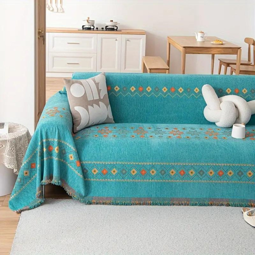 Boho Sofa Cover Throw with Tassel Trim and Non-Slip Backing
