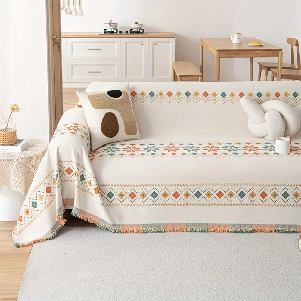 Boho Sofa Cover Throw with Tassel Trim and Non-Slip Backing