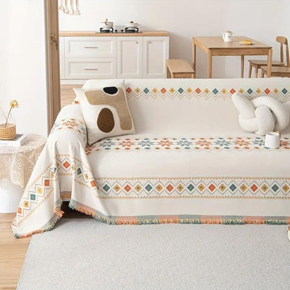 Boho Sofa Cover Throw with Tassel Trim and Non-Slip Backing
