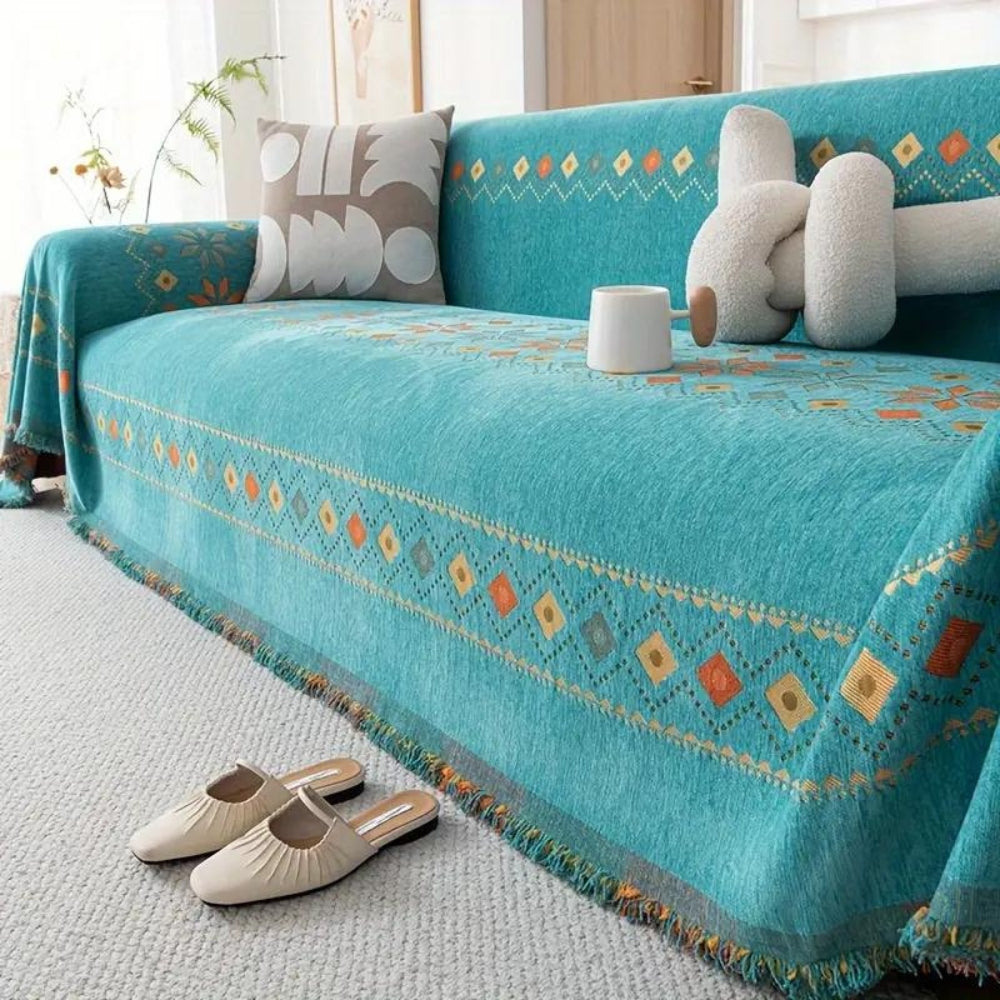 Boho Sofa Cover Throw with Tassel Trim and Non-Slip Backing