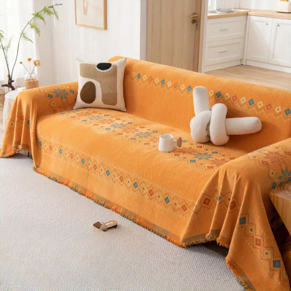 Boho Sofa Cover Throw with Tassel Trim and Non-Slip Backing