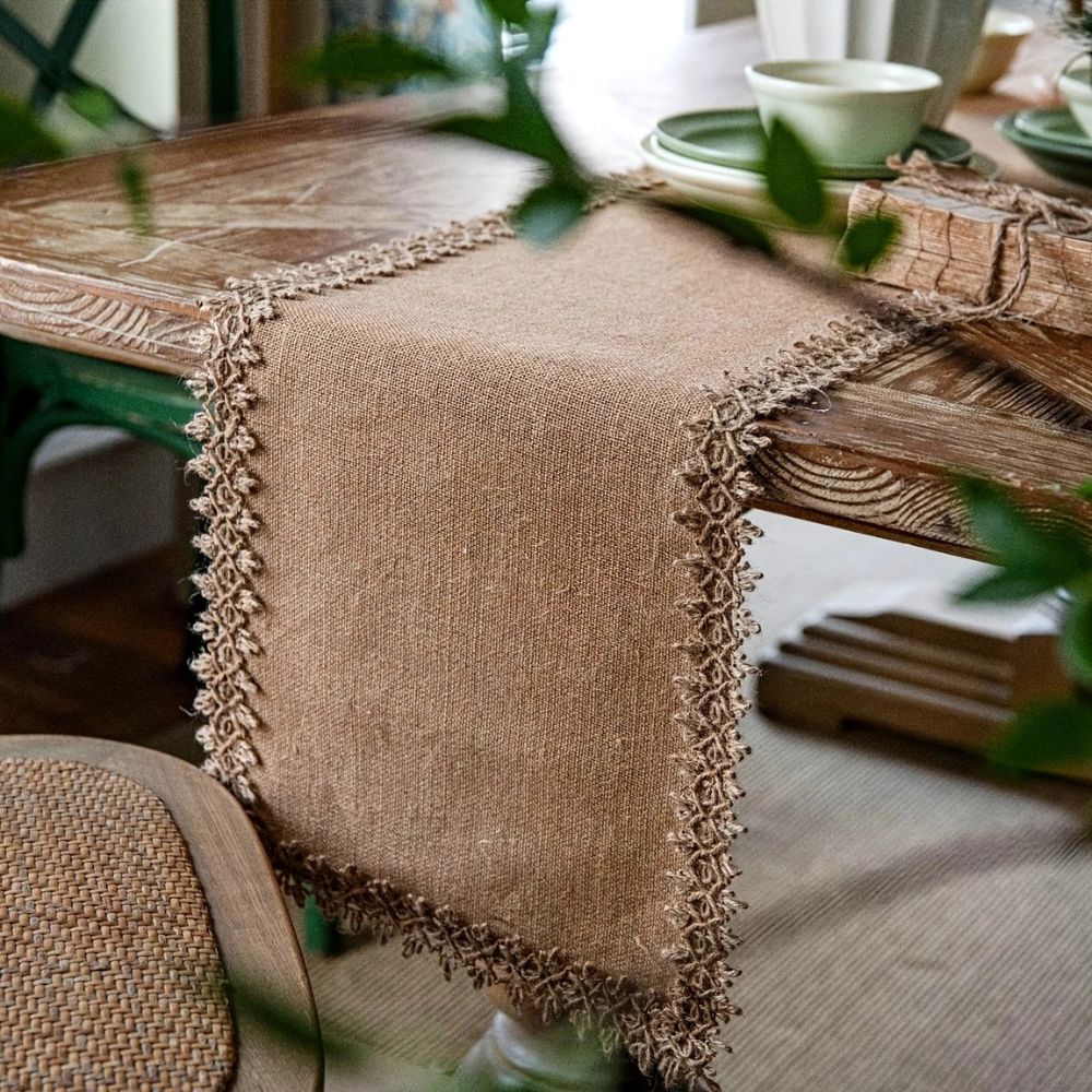 Boho Table Runner with Lace Edge or Fringe Border for Dining Tables