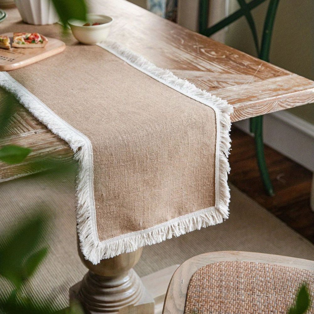 Boho Table Runner with Lace Edge or Fringe Border for Dining Tables
