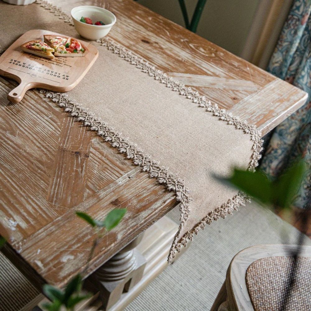 Boho Table Runner with Lace Edge or Fringe Border for Dining Tables