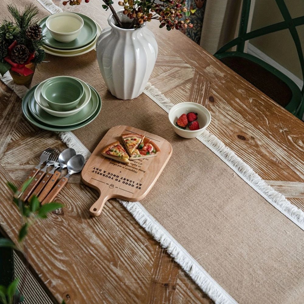 Boho Table Runner with Lace Edge or Fringe Border for Dining Tables