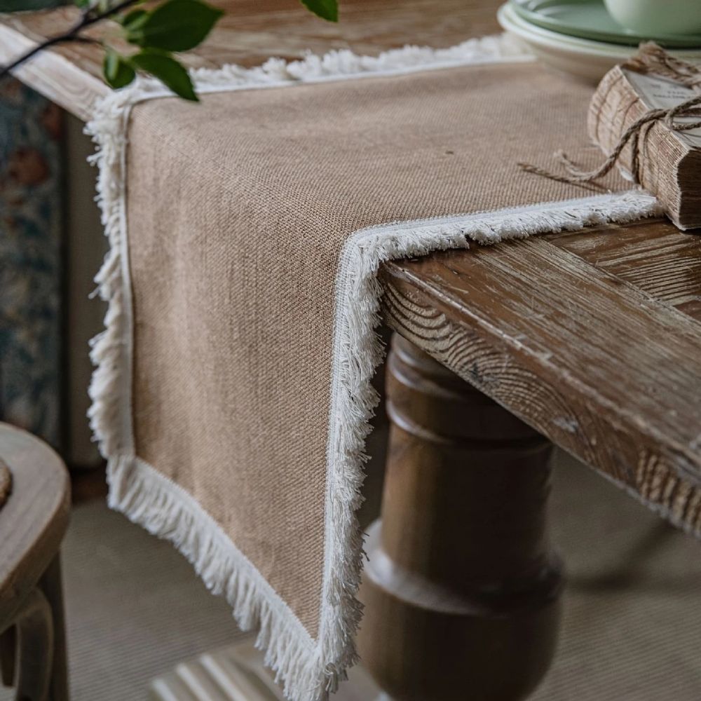 Boho Table Runner with Lace Edge or Fringe Border for Dining Tables