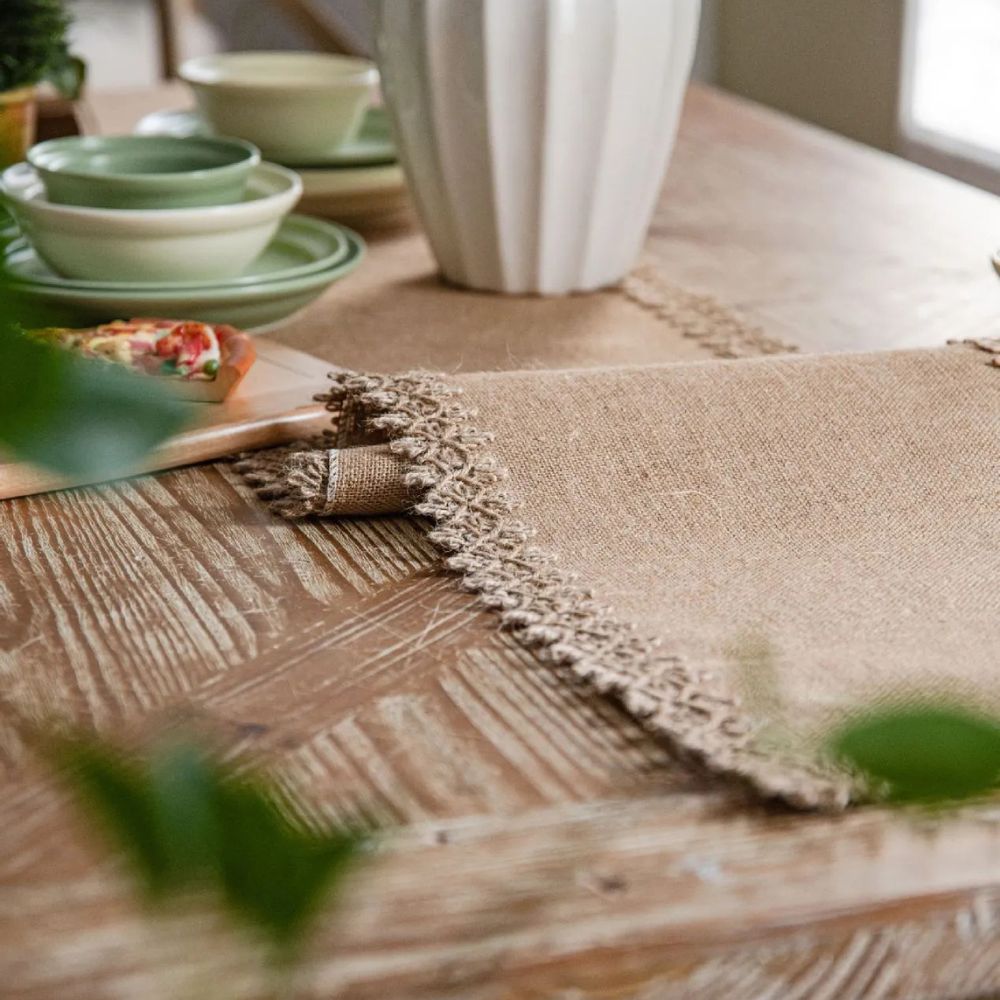 Boho Table Runner with Lace Edge or Fringe Border for Dining Tables