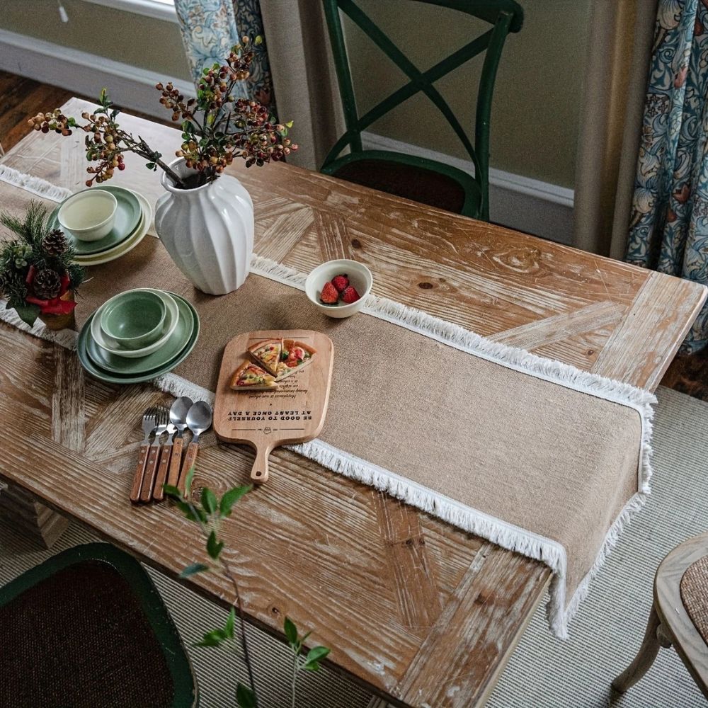 Boho Table Runner with Lace Edge or Fringe Border for Dining Tables