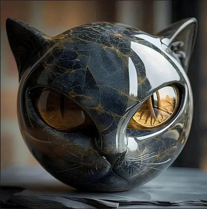 Cat Head Sculpture Decorative Figurine with Glowing Eyes and Marble Finish