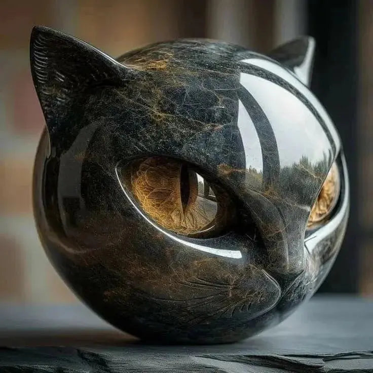 Cat Head Sculpture Decorative Figurine with Glowing Eyes and Marble Finish
