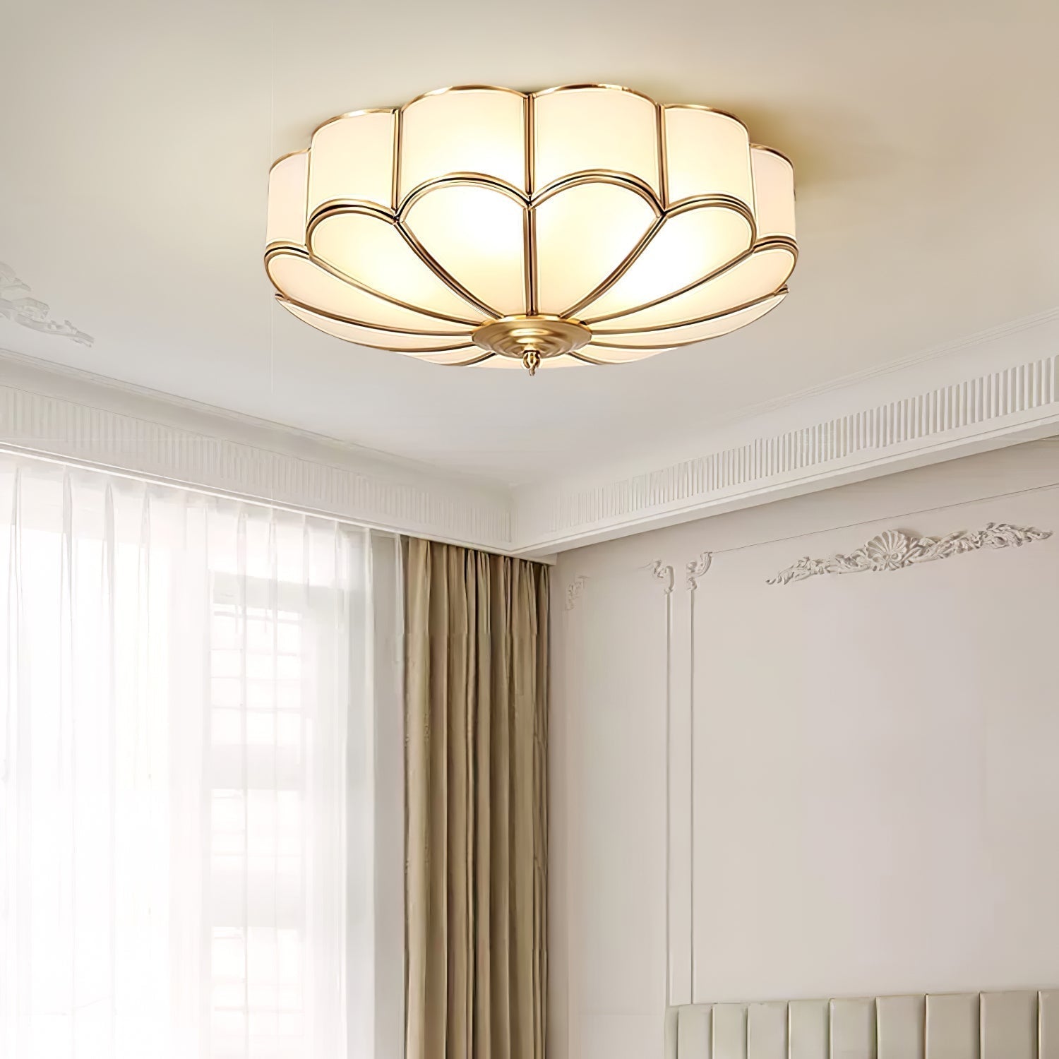 Ceiling Lamp Art Deco Flower Design with Frosted Glass Shade and Brass Frame