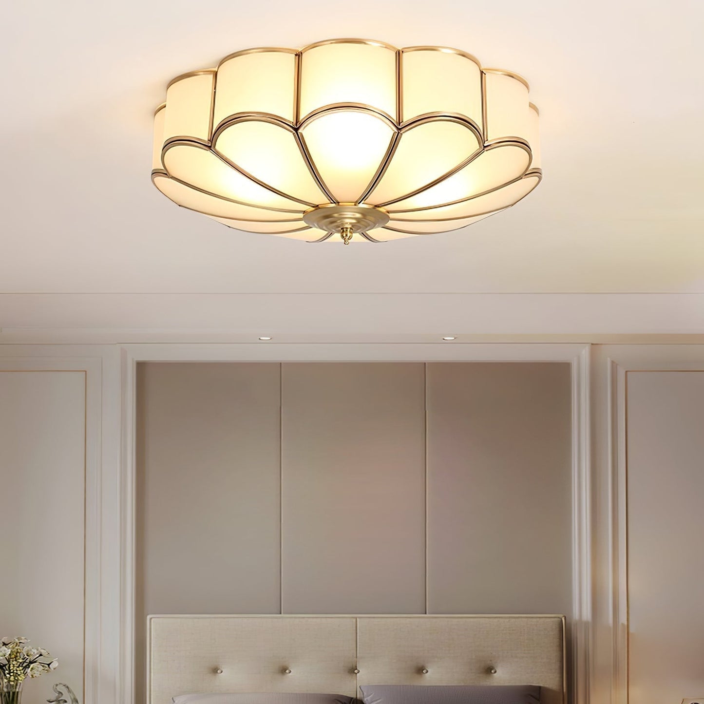 Ceiling Lamp Art Deco Flower Design with Frosted Glass Shade and Brass Frame