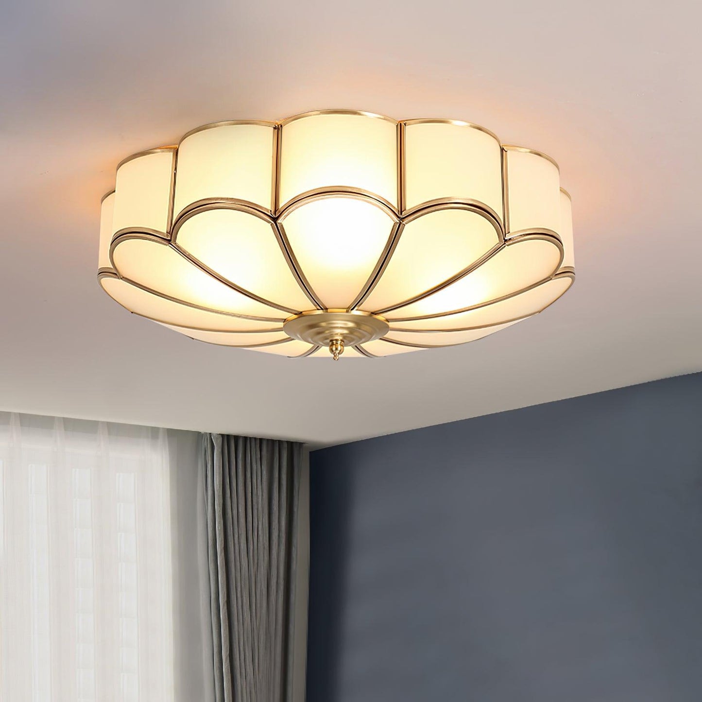 Ceiling Lamp Art Deco Flower Design with Frosted Glass Shade and Brass Frame