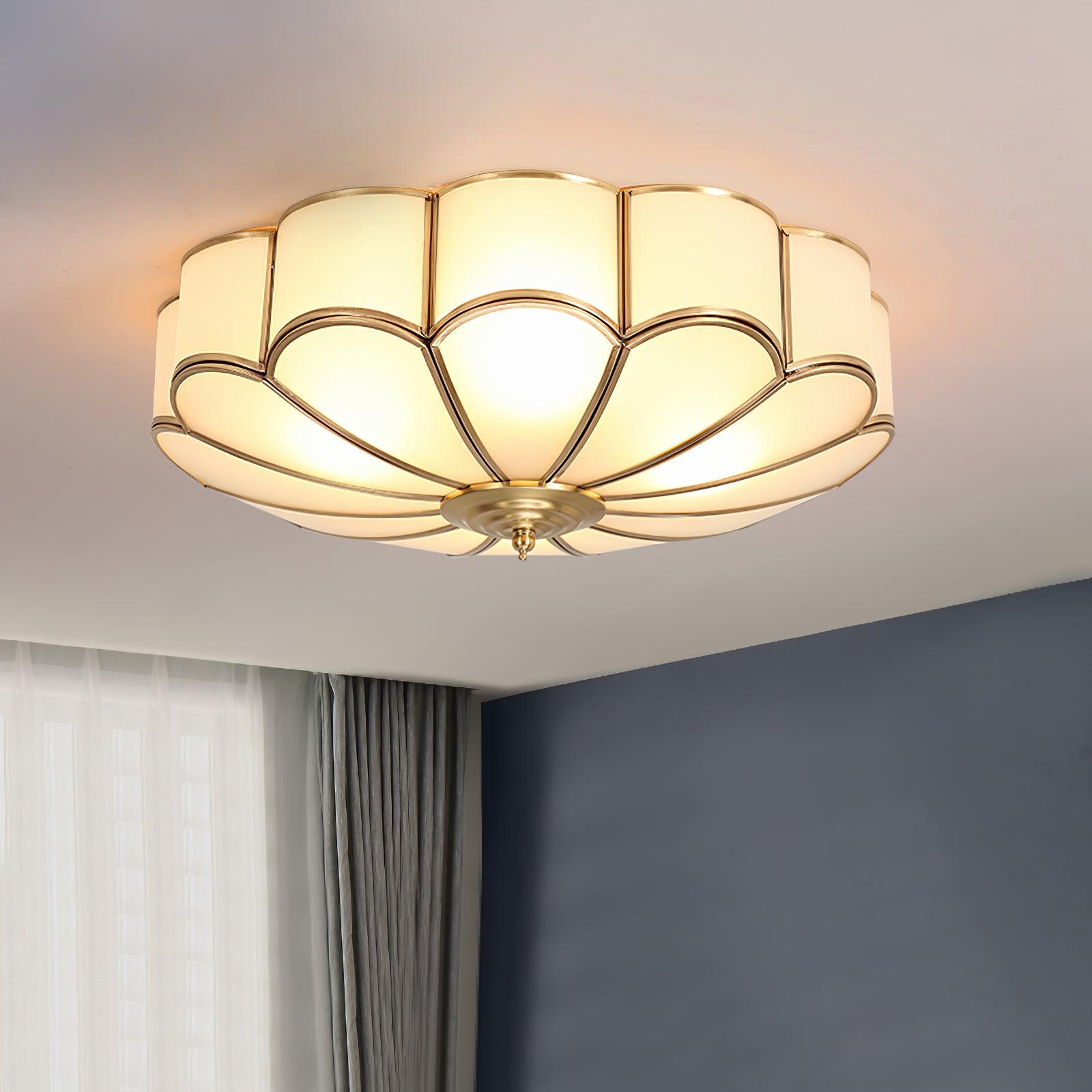 Ceiling Lamp Art Deco Flower Design with Frosted Glass Shade and Brass Frame