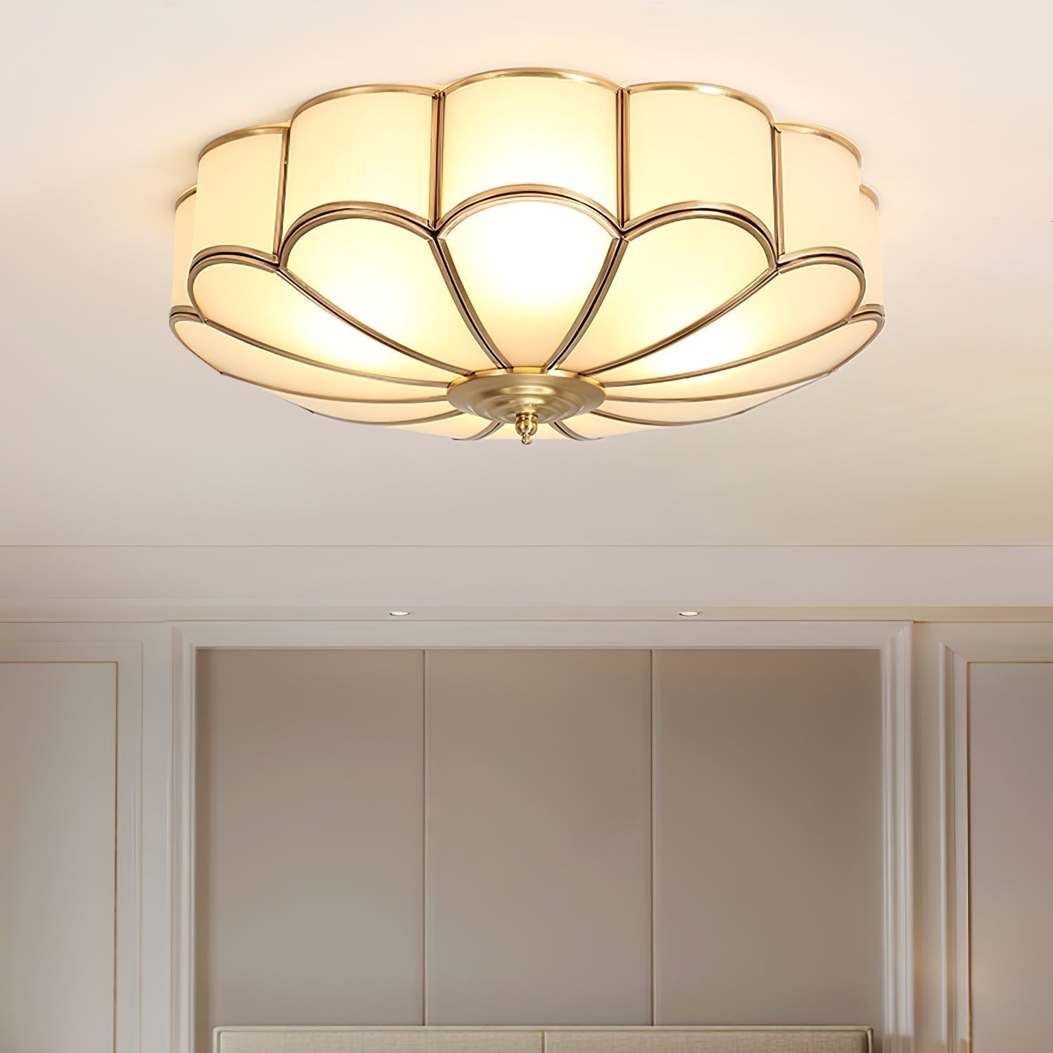 Ceiling Lamp Art Deco Flower Design with Frosted Glass Shade and Brass Frame