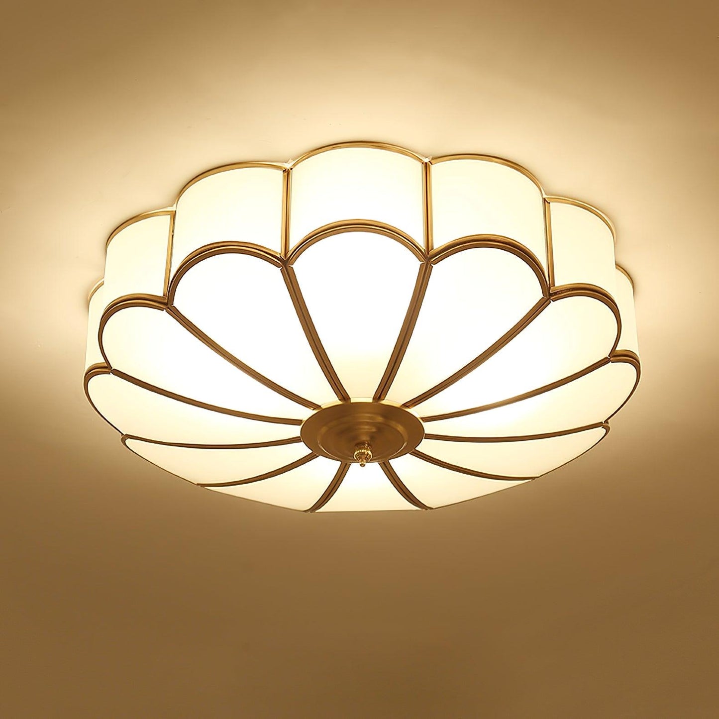 Ceiling Lamp Art Deco Flower Design with Frosted Glass Shade and Brass Frame